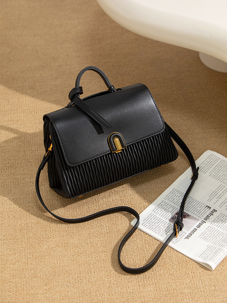 Womens Fashion Pleated Large Capacity Leather Satchel Handbag